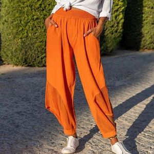Pantalones de mujer, mallas informales de gran tamaño para vacaciones, pantalones recortados con estilo de pierna de rejilla de talla grande con bolsillo