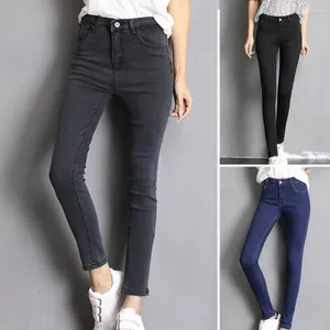 Damesbroek vrouwen katoen blend jeans hoge taille slanke pasvorm met buikregeling enkel lengte zakken zachte elastische vaste stof voor een