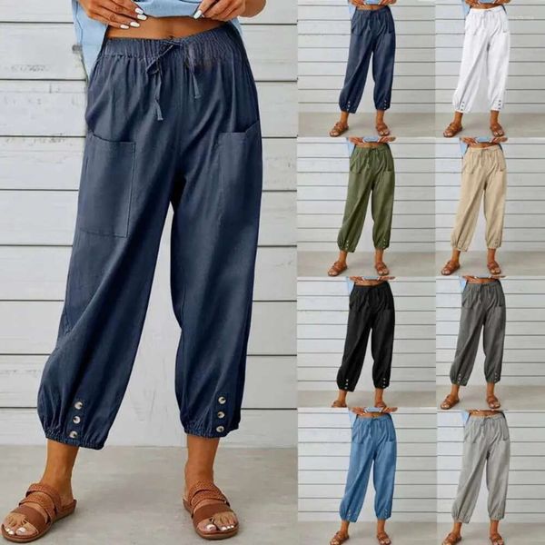 Ropa de diseñador para mujer Mujeres Algodón Lino 2024 Otoño Color sólido Cintura elástica Pantalones rectos sueltos Mujer Haruku Pierna ancha alta