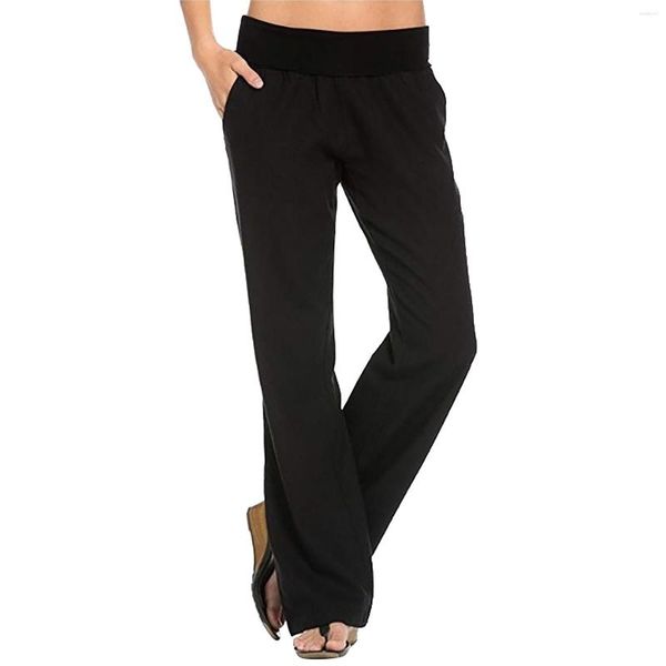 Pantalon femme coton lin droit tissu élastique taille haute poches pantalon ample Sexy couleur unie jambes larges pantalons