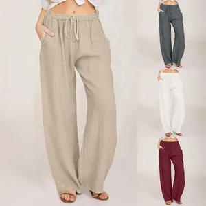 Pantalon Femme Femmes Coton Lin Jambe Large Cordon Casual Taille Élastique Longues Poches Couleur Unie Pantalon Lâche Pantalones 2024