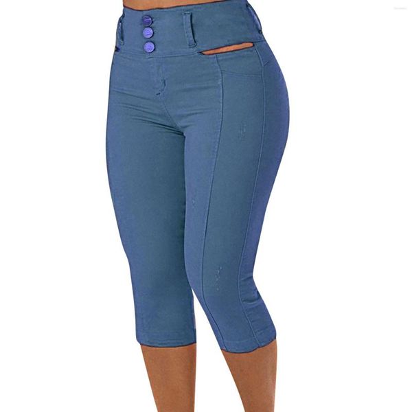 Pantalons pour femmes femmes Denim solide découpé taille jean moulant élastique recadrée la méthode de fermeture des boutons et fermeture éclair crayon