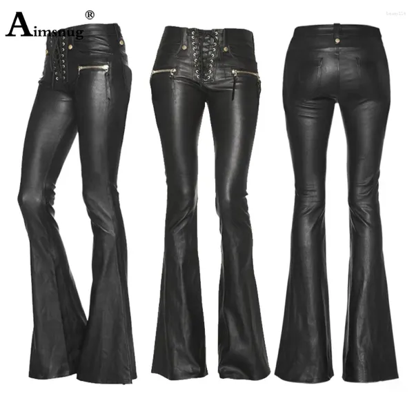 Pantalones para mujer Moda PU Cuero de cintura alta Mujer Flare Flare Girls Multi-cremalleras Pantalón Sexy Boot Cut Pantalón de imitación