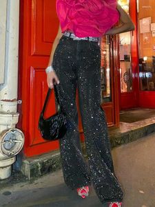 Damesbroek Damesmode Y2K Patchwork Sparkle Sequin Elegante slanke wijde pijpen denim broek Winter Herfst High Street Party Zwarte jeans
