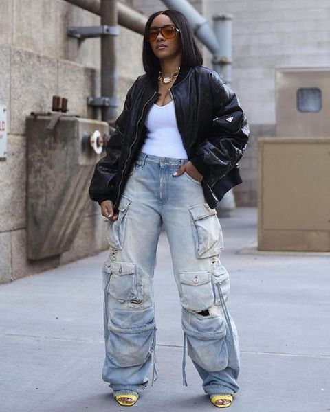 Pantalons pour femmes Femmes Mode Poche zippée Avant Cargo Pantalon en denim à jambes larges 2023 Vintage Style bleu Jeans droits