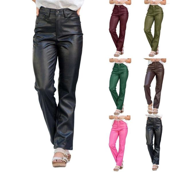 Pantalones de mujer Mujeres de cuero sintético High Rise Pierna recta Vegan Albaricoque Leggings Shorts Soft Jean