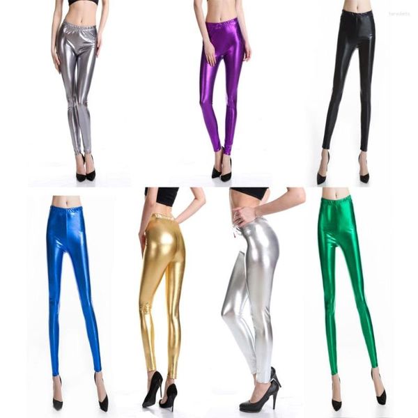 Pantalon Femme Femmes Faux Cuir Leggings Wet Look Métallique Legging Pantalon Stretch Megging Adulte Taille Élastique Skinny