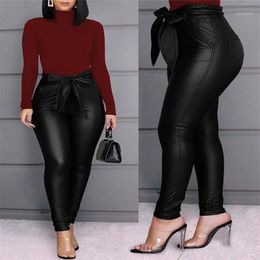 Pantalon femme Femmes Faux PU Cuir Crayon Pantalon Skinny Automne Mode Couleur Unie Taille Élastique S-3XL 2023 Capris