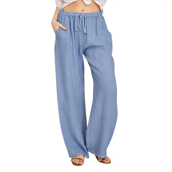 Pantalons pour femmes femmes décontracté couleur unie droite jambe large pantalon de Yoga ample coton et lin taille élastique à lacets
