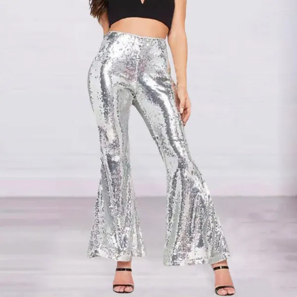 Pantalon féminin Femmes paillettes paillettes larges hautes hautes taille évasée Bell-Bottom Slim Fit Party Clubwear Shiny Sparkly