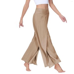 Pantalon Femme Femmes Taille Haute Élastique Plissé Couleur Unie Palazzo Long Yoga Mince Neuvième Longueur Bas Fendu Pantalon Large Jambe