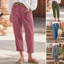 Pantalones de mujer Pantalones de pierna ancha con botones y cintura alta elástica para mujer, pantalones holgados de lino y algodón liso para verano y primavera, pantalones de S-5XL JYFS-8324