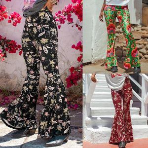 Pantalon féminin Femmes hautes taille ethnique imprimé floral Flare mince pantalon pantalon de survêtement décontracté printemps