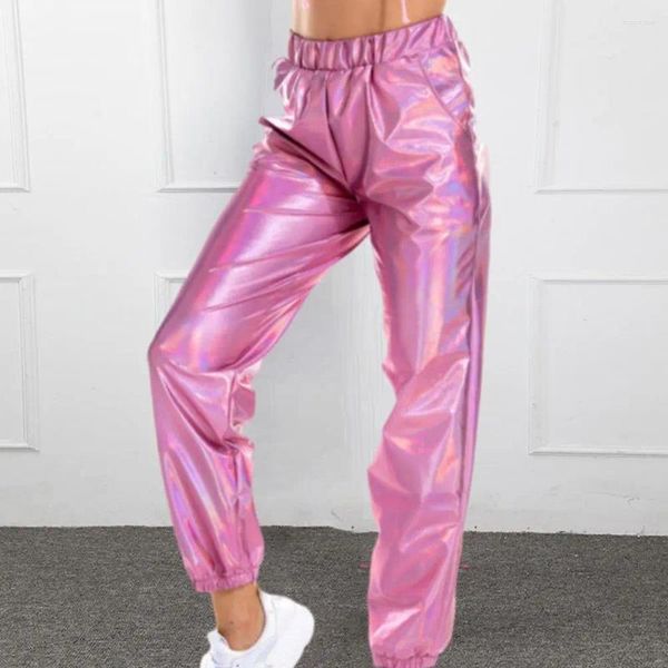 Pantalon féminin Femmes hautes taille brillante élastique à la cheville Slim Fit Clubwear Performance Couleurs fantaisie Couleurs Hip Hop Harem Pantalon