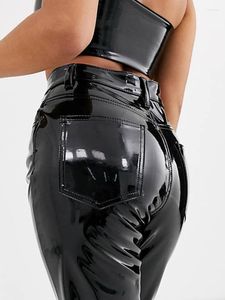 Pantalones de mujer de cintura alta de charol lápiz de látex de imitación polainas de PVC ajustados pantalones ajustados para mujer ropa de discoteca