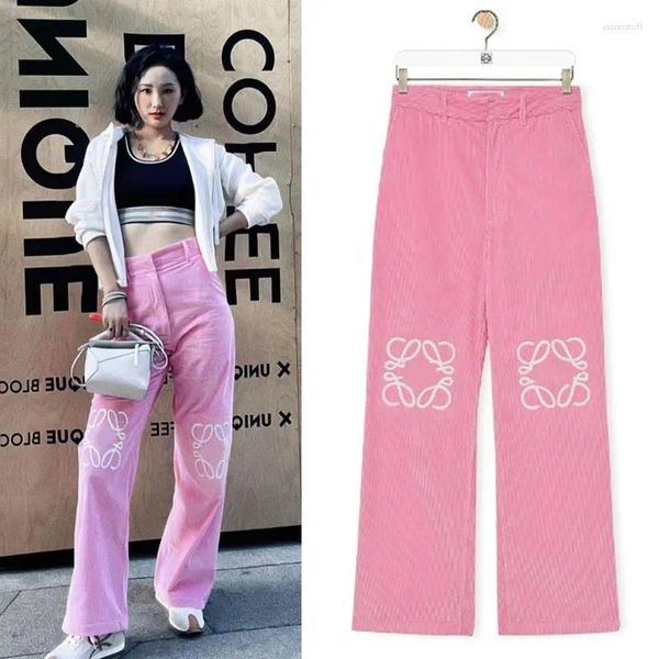 Pantalon Femme Femmes Taille Haute Creux Patch Logo Brodé Décoration Rose Droite Casual