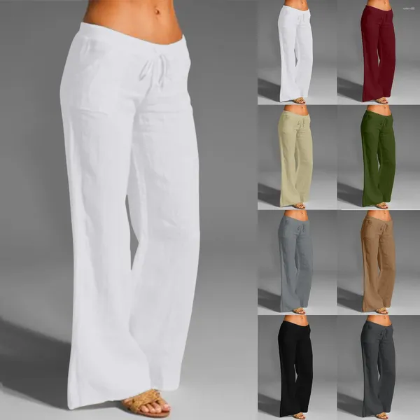 Pantalones de mujer de talle alto, pierna ancha, moda para mujer, pantalones de lino informales con cordón sólido, patrones para mujer