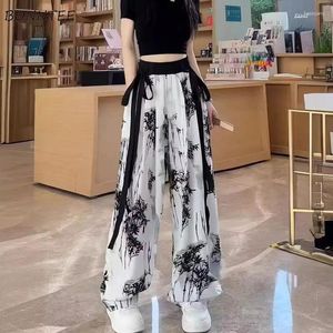 Pantalon féminin Femmes Ink Imprimé chinois Style Ice-Silk Murffon Summer Straight Casual All-Match Drape Fashion Daily Tablers Mujer