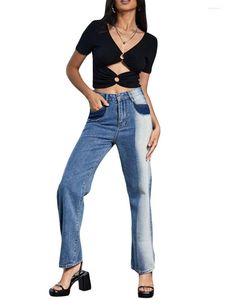 Dames broek vrouwen jeans hoge taille contrast kleurbroeken met zakken dagelijkse streetwear