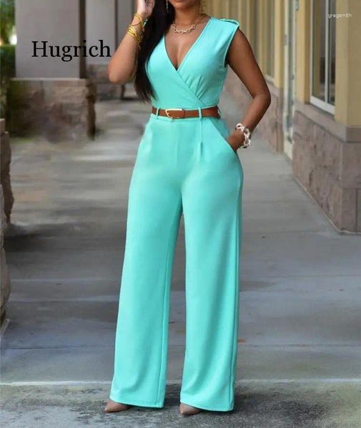 Pantalon féminin Femmes Jumpsuit Lady Sans manches Body robat Body Bodycon High-Waist V-Leck Wide-Leg Irregular Suit avec ceinture