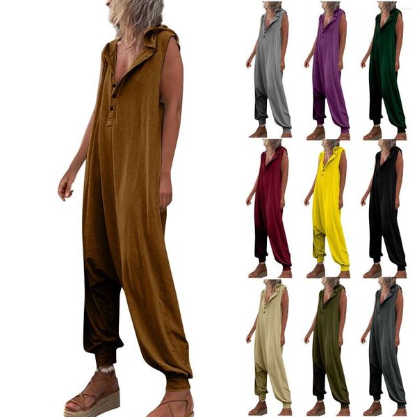 Pantalones de mujer, mono, vestido de verano, talla única, sólido, 2023, sudadera con botones para mujer, pantalones largos informales sin mangas, ropa de gran tamaño