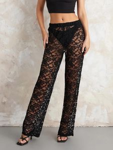 Damesbroek Dames Kant Bell Pant Sexy See Through Flare Bottom-legging Hollow Out Mesh Cover Up-broek