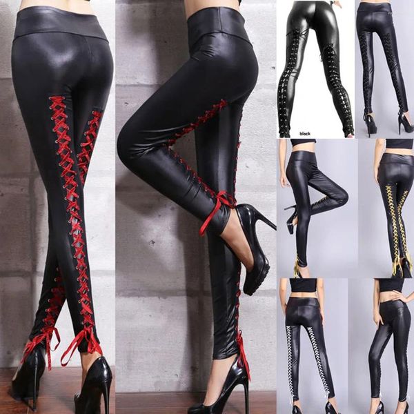 Pantalones de mujer Mujeres Damas Moda Cintura alta Sexy Black Lace Up Leggings de cuero