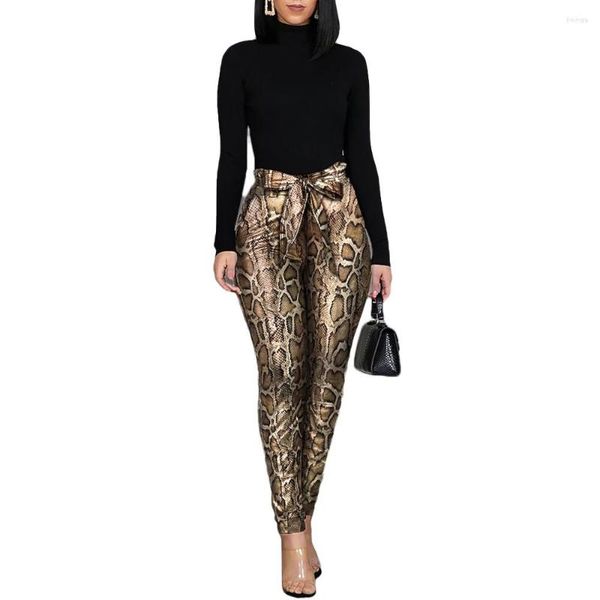 Pantalones para mujer Mujeres Leopardo Femenino Estiramiento de cuero de imitación Capris Damas de cintura alta Leggings S-XL