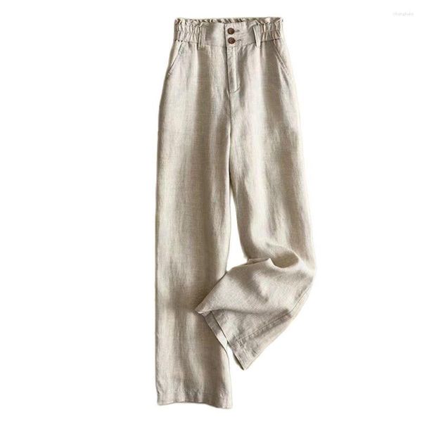 Pantalon Femme Femmes Lin Respirant Bande Élastique Taille Gris Blanc Noir Été Casual Droite Pantalon Large S 3XL Plus Taille