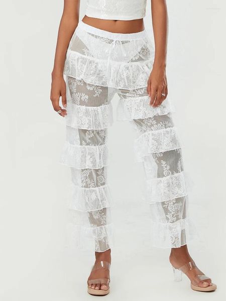 Pantalon féminin Femmes Lolita Rufflr Lace High Waited See-Through Layered Floral Flare Leg