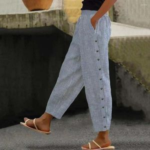 Pantalon féminin Femmes Long Striped Print Loose Ajustement avec des boutons latéraux de ceinture élastique pour un pantalon d'été