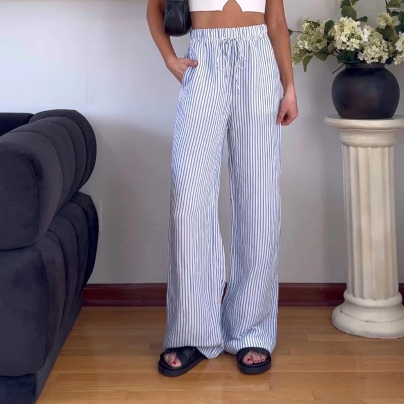 Damesbroeken Vrouwen verliezen rechte been Casual gestreepte elastische trekkoord Baggy lange broek met zakken voor werk Office Streetwear