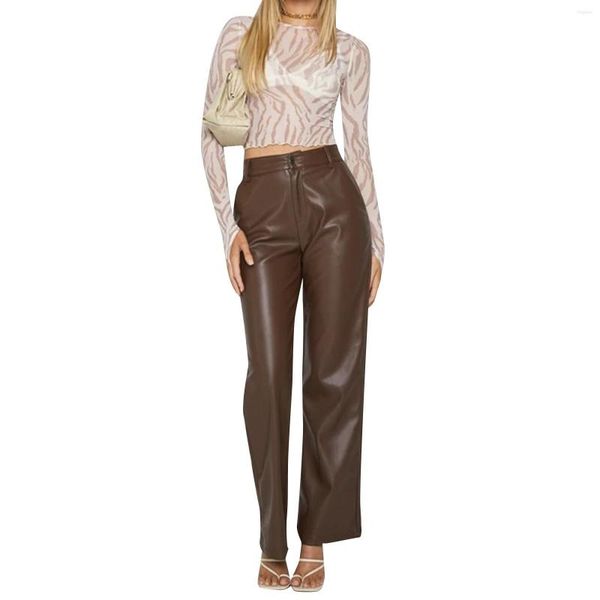 Pantalones de mujer Pantalones de estilo suelto con bolsillos Color sólido Cintura alta Pierna recta Marrón / Negro 2023 Moda