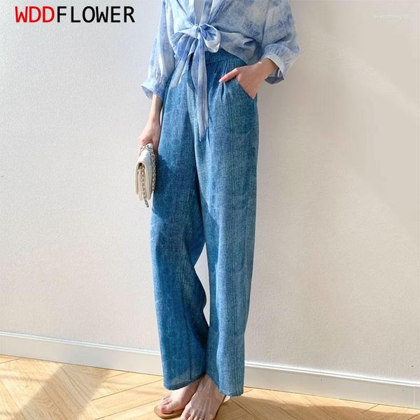 Pantalon femme femme mûrier soie 16 Momme bleu jean imprimé poche jambe large mode pantalon Long taille élastique MM858