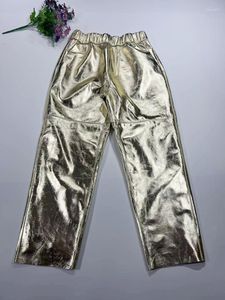 Pantalon Femme en cuir véritable naturel, ample, conique, taille élastique, décontracté, métallique, Harlan Mujer Golden Ropa