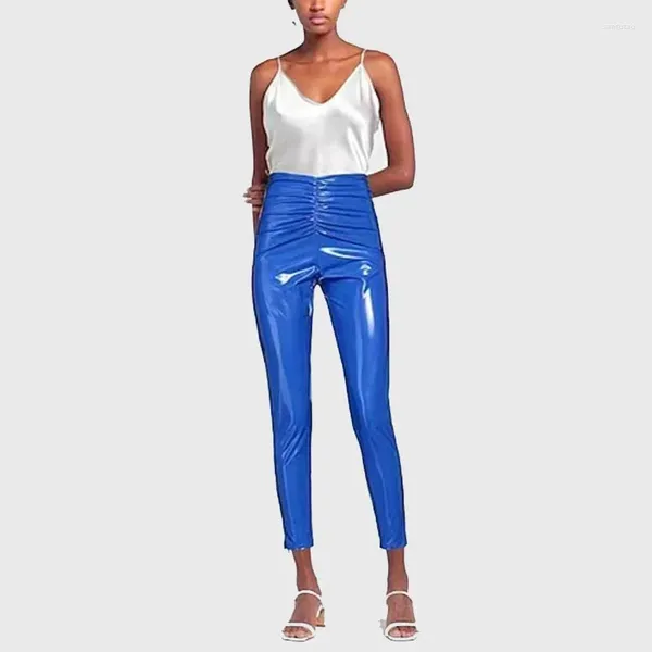 Pantalons Femmes Femmes Plissé Faux Cuir Recadrée Taille Haute Latex Bodycon PU Custom Office Lady Slim Crayon