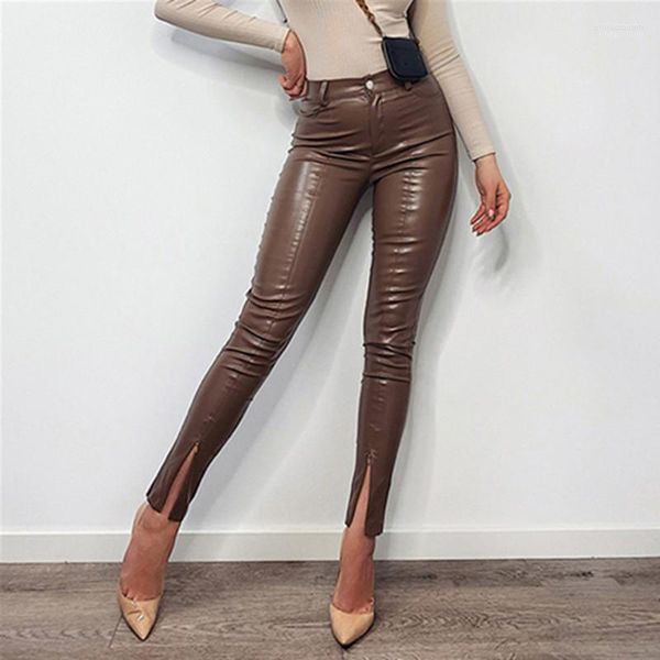 Pantalons Femmes Femmes Capris 2022 Mode PU Cuir Kaki Femmes Casual Zip Up Crayon Pantalon Sexy Automne Hiver Dames Taille Haute