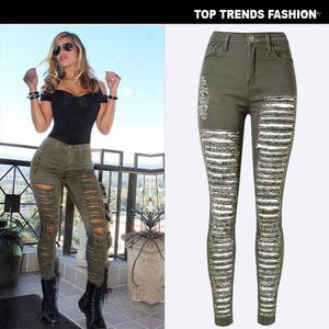 Pantalon femme Capris femme barre complète déchirer taille haute auto-culture Force élastique Cowboy armée vert pieds liés pantalon