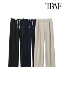 Damesbroek -Vrouwen met dubbele tailleband Wide been Hoge elastische taille met trekkoord Zijzakken Vrouwelijke broek Mode