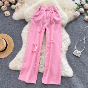 Pantalon femme taille haute pantalon droit mode trou dans le genou jean femme ample petit ami dame Streetwear pantalon découpé