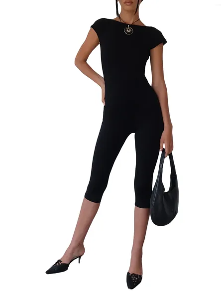 Pantalon Femme Femme Manches Courtes Col Rond Dos Nu Capri Jumpsuit - Slim Fit Barboteuse Pour Le Yoga Entraînement Et Le Vélo