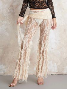 Pantalons pour femmes Femmes Sexy Floral Dentelle Low Rise Hollow Out Mesh Sheer Voir à travers Bell Bottoms Leggings Party Clubwear