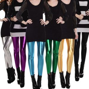 Pantalons Femmes Femmes Sexy Skinny Faux Cuir Leggings Crayon Brillant Couleur Solide Punk Gym Legging Or Argent Métallique