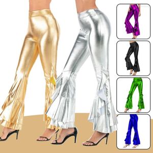 Pantalones para mujer Mujeres Pantalones acampanados brillantes Láser Metálico Wetlook Ruffle Pierna ancha Retro 70s Disco Hippie Club Flaco Bell Bottoms