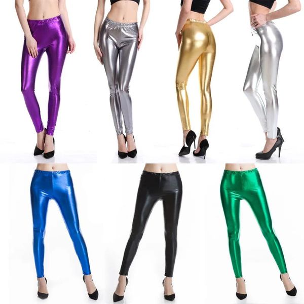 Pantalones para mujer Mujeres Brillantes Leggings Metálicos Reflectantes PU Cuero Lápiz Pantalones de cintura alta Slim Sexy Flaco Moda Apretado Negro