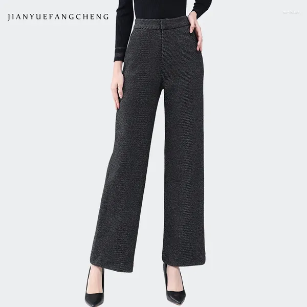 Pantalon féminin Femmes Simple Grey Grey Grey Wide jambe chaude épaississe-taille haute taille droite pantalon de longueur de cheville pour l'hiver avec des poches