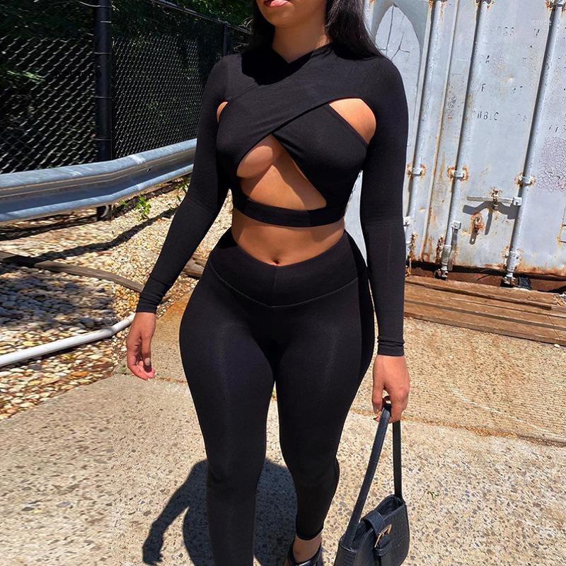 Women's Pants Women Skinny Criss-Cross Cleavage Top Stretch Pant Solid Two Piece Sets Matching Outfits Active Sexy Streetwear Clothing