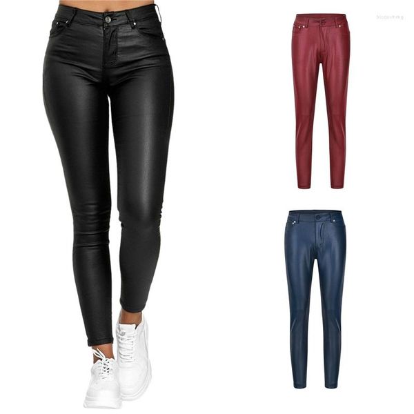 Pantalon femme Leggings couleur unie femme taille haute pantalon près du corps avec poches cuir PU S/ M/ L/ XL/ XXL/ XXXL