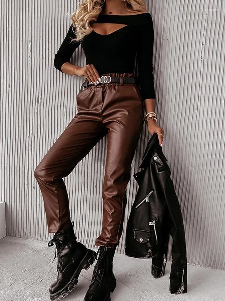 Pantalon féminin Femmes Spring Automne High Elastic Taies Pantmand Solid Pocket Slim Fit Pu Leather dames Streetwear Drop Streetwear