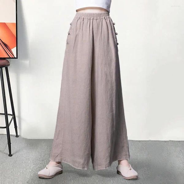 Pantalones para mujer Mujeres Primavera Verano Elástico Cintura alta Botones laterales largos Decoración Pierna ancha de gran tamaño Pantalones casuales retro Streetwear